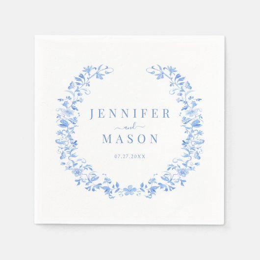 Élégante serviettes en papier mariage bleu folk (Devant)