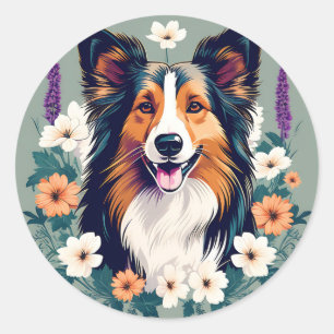 Elegante Shetland Sheepdog met Bloemen Ronde Sticker