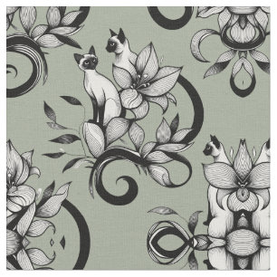 Elegante Siamese Katten Bloemrijke Vintage Illustr Stof