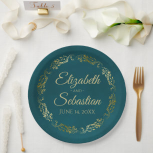 Elegante Sierlijke Rand Donker Teal & Goud Huwelij Papieren Bordje