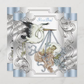 Elegante  Silver en Blue Stork Baby Boy Kaart (Voorkant / Achterkant)