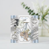 Elegante  Silver en Blue Stork Baby Boy Kaart (Staand voorkant)