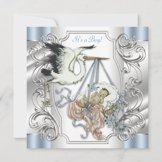 Elegante  Silver en Blue Stork Baby Boy Kaart (Voorkant)