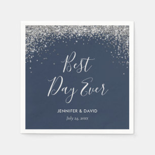 Elegante Silver Glitter Confetti Navy Blue Wedding Servet