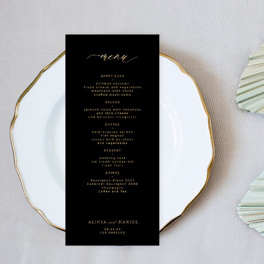Elégante simple typographie or noir menu mariage