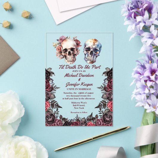 Elegante skelet bloemengotische Halloween bruiloft Acryl Uitnodigingen (Insitu (Huwelijk))
