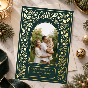 Elegante Smaragd Botanische Familie Foto Goud Foli Folie Feestdagenkaart