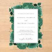 Elegante smaragd en gouden Roos Clear Wedding Acryl Uitnodigingen (Voorkant)