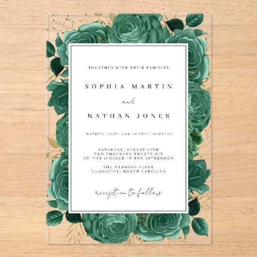 Elegante smaragd en gouden Roos Clear Wedding Acryl Uitnodigingen (Voorkant)