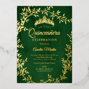 Elegante smaragd gouden blad krans Quinceanera Folie Uitnodiging