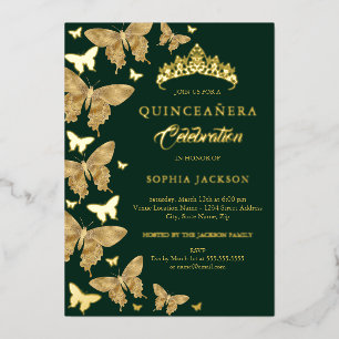 Elegante Smaragd Gouden Vlinder Quinceanera Folie Uitnodiging