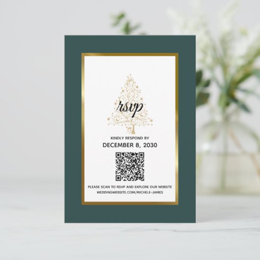 Elegante Smaragd Gouden Winter Bruiloft QR Code RSVP Kaartje (Staand voorkant)