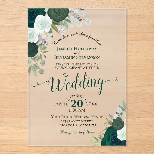 Elegante Smaragd Groene Waterverf Rozen Bruiloft Acryl Uitnodigingen (Voorkant)