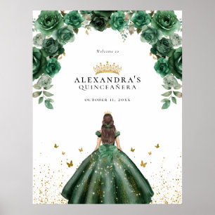 Elegante Smaragd Quinceañera Bloemige Nep Folie Poster