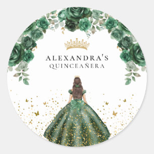 Elegante Smaragd Quinceañera Bloemige Nep Folie Ronde Sticker