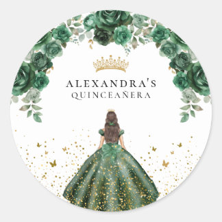 Elegante Smaragd Quinceañera Bloemige Nep Folie Ronde Sticker