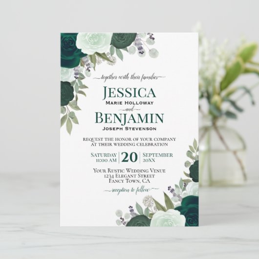 Elegante Smaragd & Salie Groene Rozen Boho Bruilof Kaart (Staand voorkant)