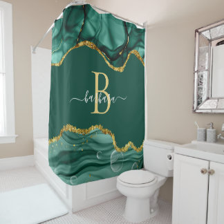 Elegante Smaragdgroene Agaat Monogram Gouden Naam Douchegordijn