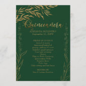Elegante Smaragdgroene en Gouden Blad Quinceanera Programma (Voorkant)