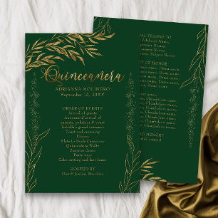 Elegante Smaragdgroene en Gouden Blad Quinceanera Programma