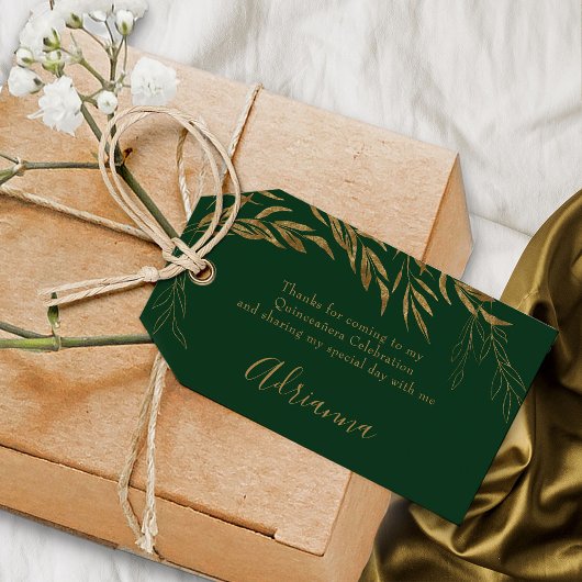 Elegante Smaragdgroene en Gouden Bladgunst Cadeaulabel