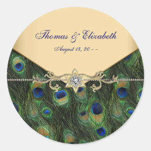Elegante smaragdgroene en gouden pauw trouwdag ronde sticker