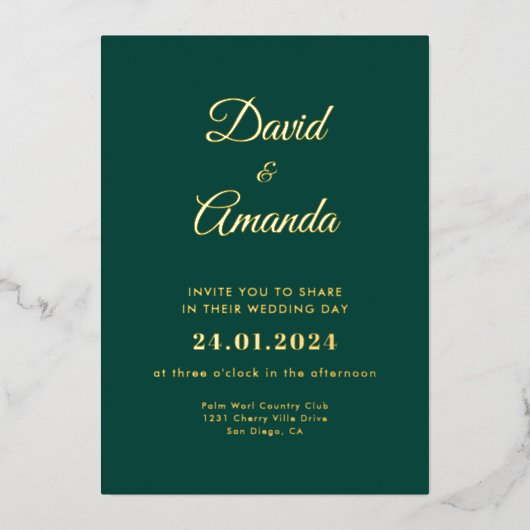 Elegante smaragdgroene en gouden trouwfolie uitnod folie uitnodiging (Voorkant)