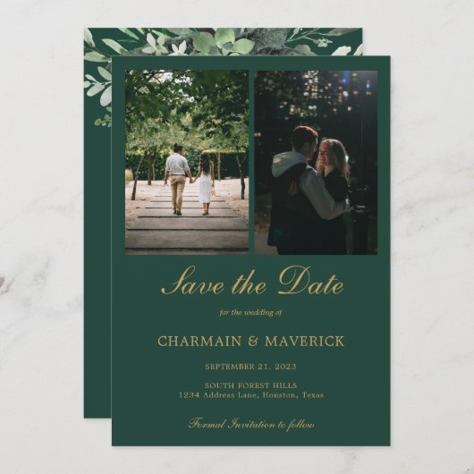 Elegante Smaragdgroene Foto Bruiloft Save The Date (Voorkant / Achterkant)