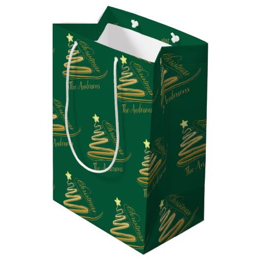 Elegante smaragdgroene gouden folie kerstboom medium cadeauzakje (Achterkant Gekanteld)