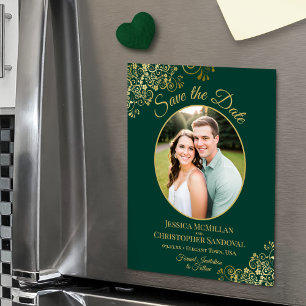 Elegante smaragdgroene & gouden trouw 'save the da magnetische uitnodiging
