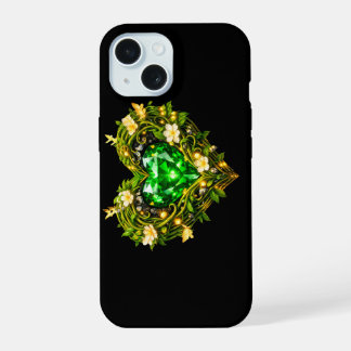 Elegante Smaragdgroene Hart Bloem iPhone 15 Hoes Hoesje