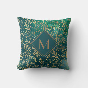 Elegante Smaragdgroene met Gouden Bladeren Monogra Kussen