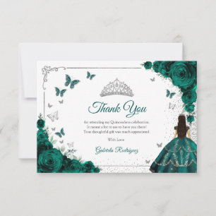 Elegante smaragdgroene rozen zilver Quinceanera Bedankkaart