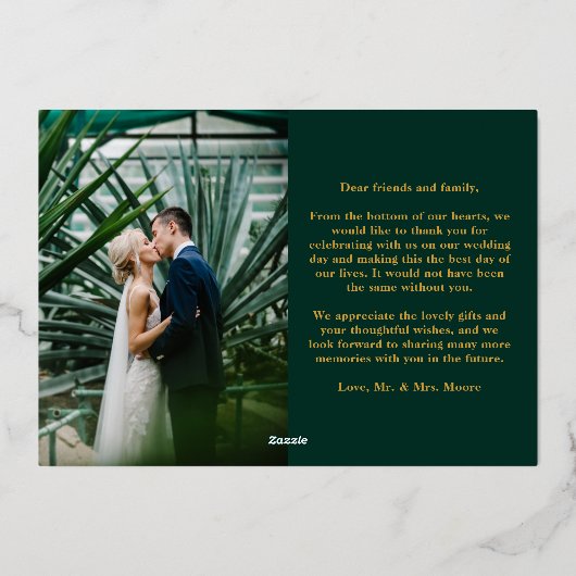 Elegante Smaragdgroene Trouw Dank Je Echt Goud Folie Uitnodiging (Achterkant)