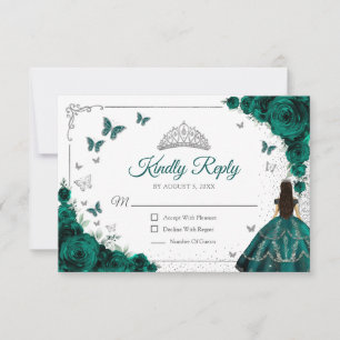 Elegante Smaragdgroene Zilveren Quinceanera Antwoo RSVP Kaartje