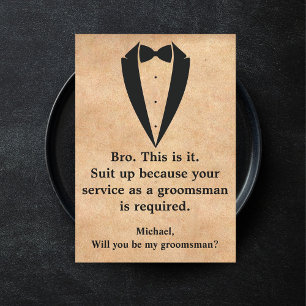 Elegante smoking minimale moderne groomsman kraft kaart