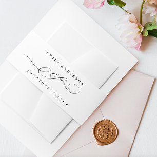 Elegante smoking wit zwart kalligrafie bruiloft uitnodigingen wikkel