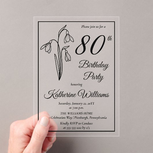 Elegante sneeuwklokjes 80ste verjaardagsfeestje acryl uitnodigingen (Insitu (Draagbaar))