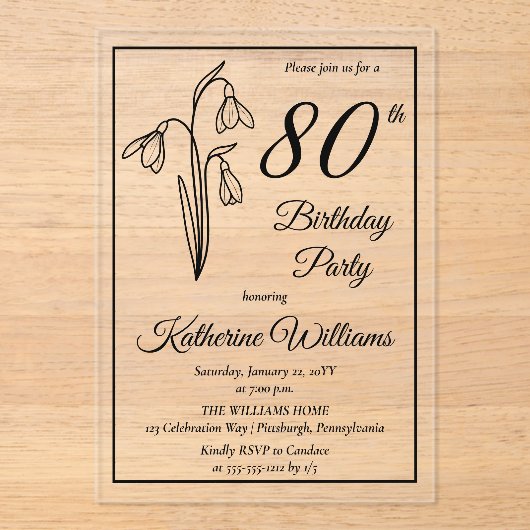 Elegante sneeuwklokjes 80ste verjaardagsfeestje acryl uitnodigingen (Voorkant)