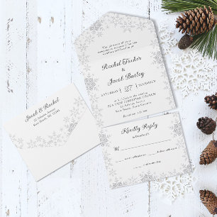 Elegante Sneeuwvlokken Border Wit Kerstmis Bruilof All In One Uitnodiging