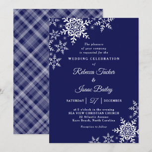 Elegante Sneeuwvlokken Plaid Navy Blauwe Trouwdag Kaart