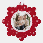 Elegante sneeuwvlokken rood 2 foto vakantie ornament kaart (Voorkant)