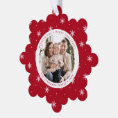 Elegante sneeuwvlokken rood 2 foto vakantie ornament kaart (Links)