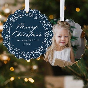 Elegante Sneeuwvlokkrans Navy Foto Kerstmis Ornament Kaart