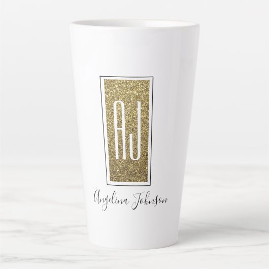 Elegante Sparkle Gold Glitter Monogram Naam Latte Mok (Voorkant)