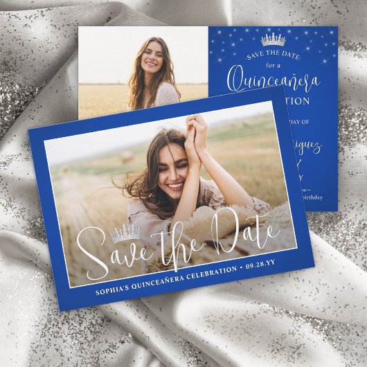 Elegante Sparkles Quinceañera 2 Foto Royal Blue Save The Date