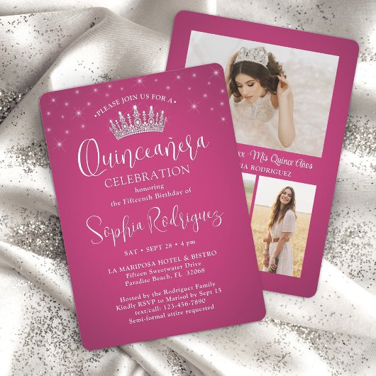 Elegante Sparkles Quinceañera 3 Foto Fuschia Roze Kaart
