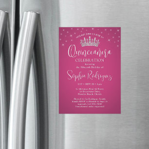 Elegante Sparkles Quinceañera Crown Fuschia Pink Magnetische Uitnodiging