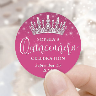 Elegante Sparkles Quinceañera Crown Fuschia Pink Ronde Sticker