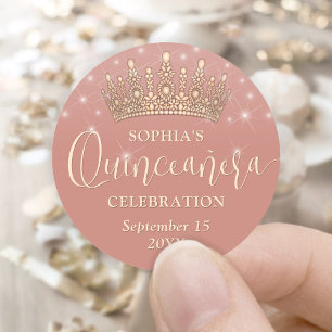 Elegante Sparkles Roos Gold Quinceañera Crown Pink Ronde Sticker